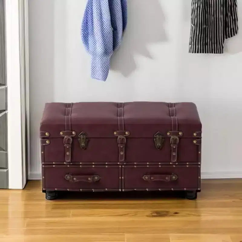 Banc de rangement vintage, ottoman en bois rembourré, coffre capitonné pour entrée, chambre, salon, style Mid-Century, magenta foncé