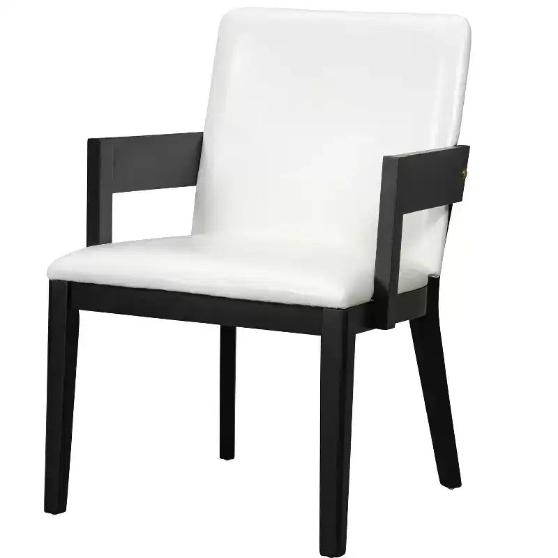 Lot de 2 chaises de salle à manger en cuir PU, chaise d'appoint rembourrée avec siège coussiné blanc brillant et cadre en bois, chaise avec ou sans accoudoirs, Noir/Noyer