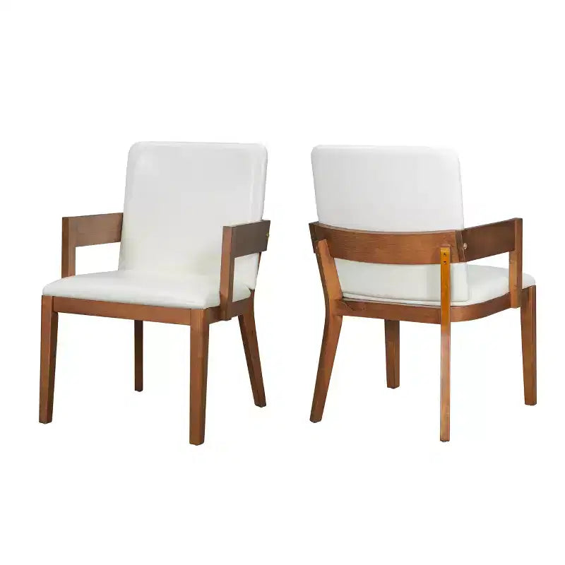 Lot de 2 chaises de salle à manger en cuir PU, chaise d'appoint rembourrée avec siège coussiné blanc brillant et cadre en bois, chaise avec ou sans accoudoirs, Noir/Noyer