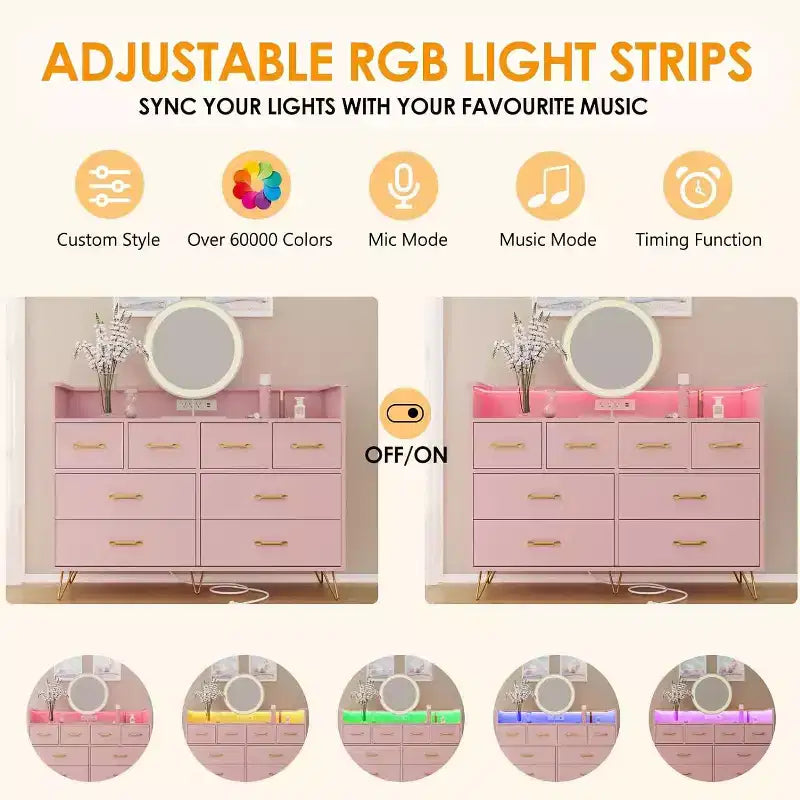 Commode rose à 8 tiroirs avec station de charge, lumières LED RGB, grande commode basse pour chambre, coiffeuse ou installation de jeu