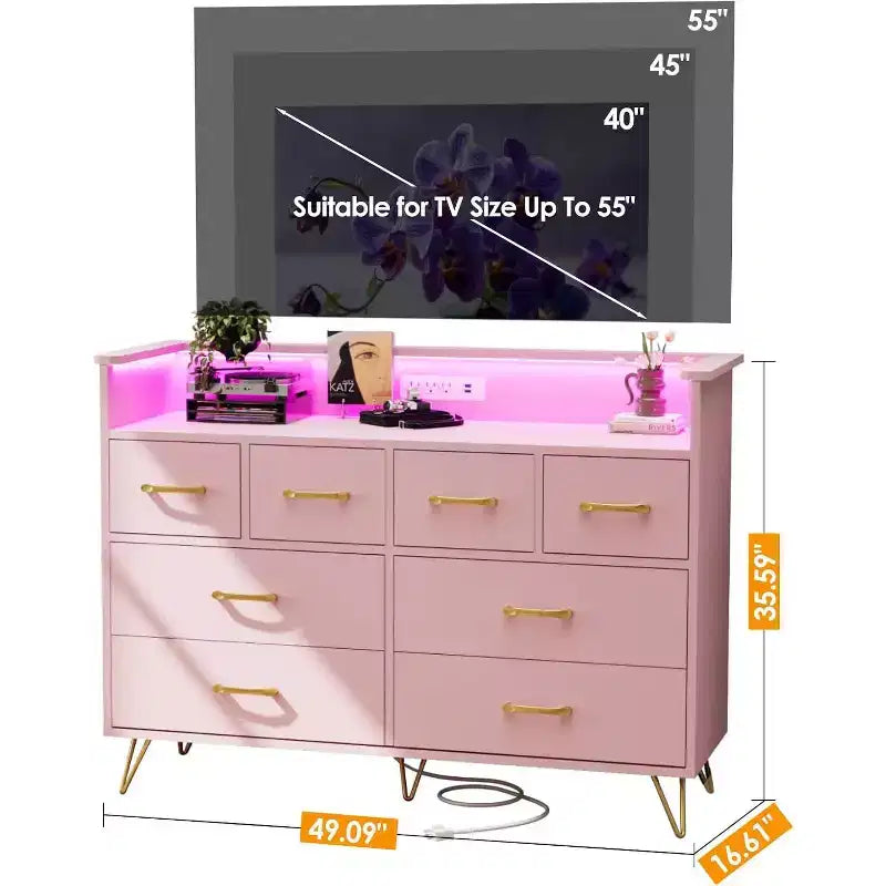 Commode rose à 8 tiroirs avec station de charge, lumières LED RGB, grande commode basse pour chambre, coiffeuse ou installation de jeu