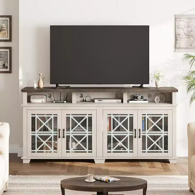 Meuble TV de ferme pour téléviseur de 70 pouces, meuble de divertissement moderne avec portes vitrées et rangement, meuble console média pour salon, blanc