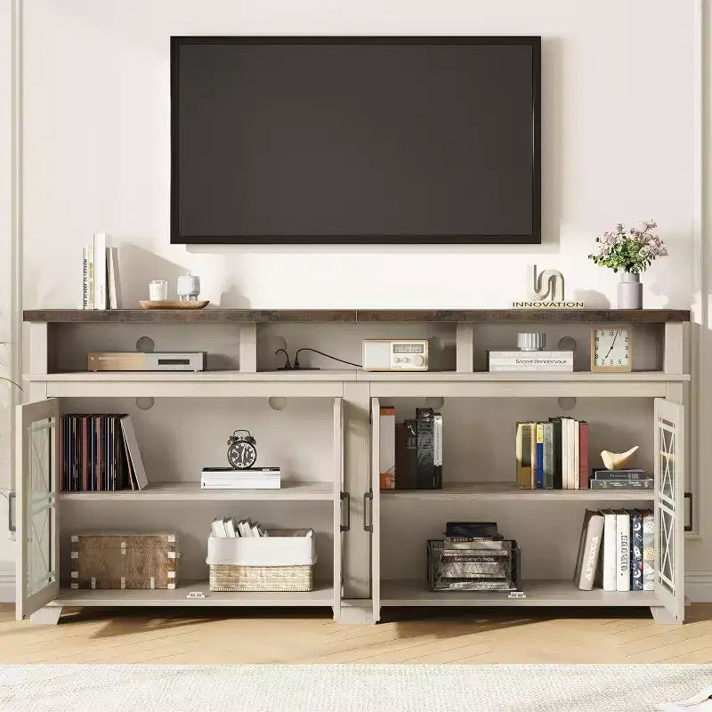 Meuble TV de ferme pour téléviseur de 70 pouces, meuble de divertissement moderne avec portes vitrées et rangement, meuble console média pour salon, blanc