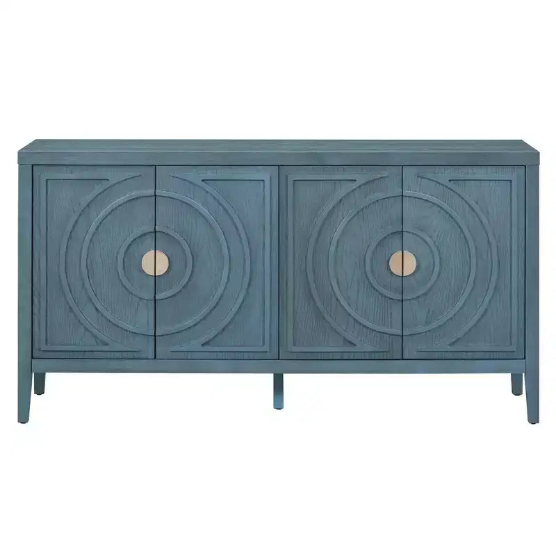 Buffet de salle à manger/salon avec portes rainurées circulaires et poignées rondes, Bleu antique