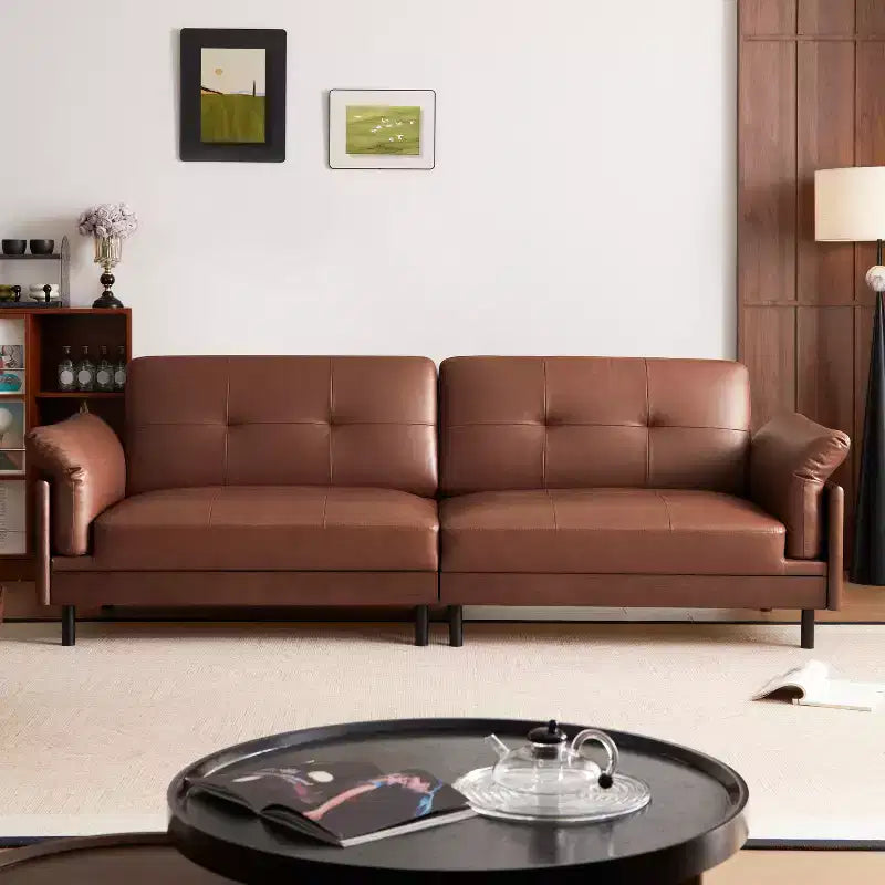 Canapé sectionnel de luxe en cuir marron du milieu du siècle de 228 cm, avec extérieur en bois massif et touffeté à la main pour le salon