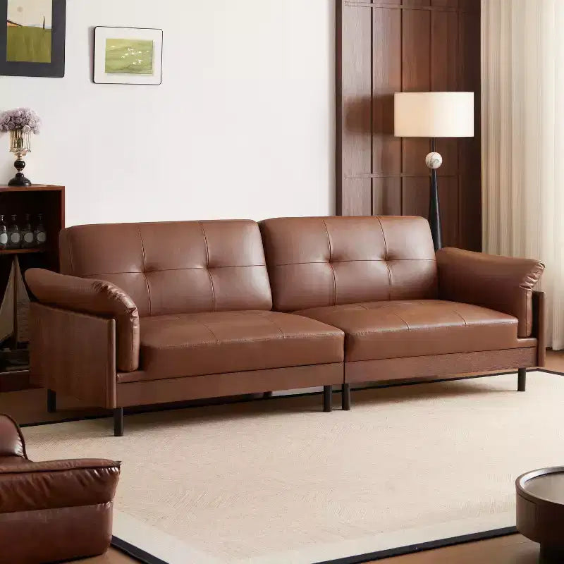 Canapé sectionnel de luxe en cuir marron du milieu du siècle de 228 cm, avec extérieur en bois massif et touffeté à la main pour le salon