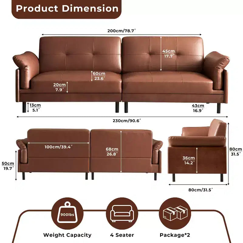 Canapé sectionnel de luxe en cuir marron du milieu du siècle de 228 cm, avec extérieur en bois massif et touffeté à la main pour le salon