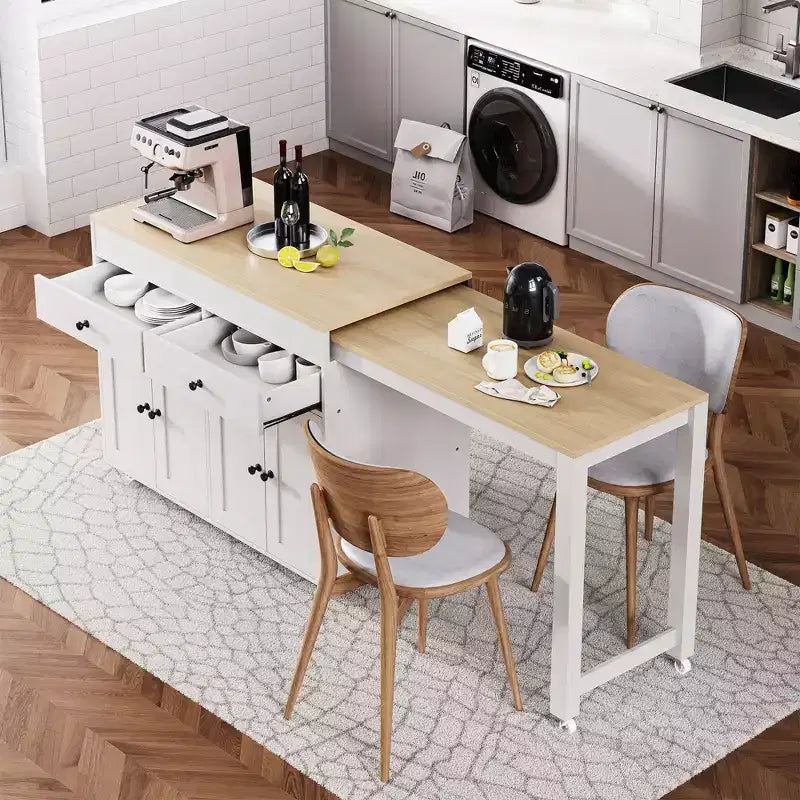 Îlot de cuisine de 189 cm avec table à manger extensible, chariot roulant avec 4 armoires, 2 tiroirs, porte-épices, étagères réglables