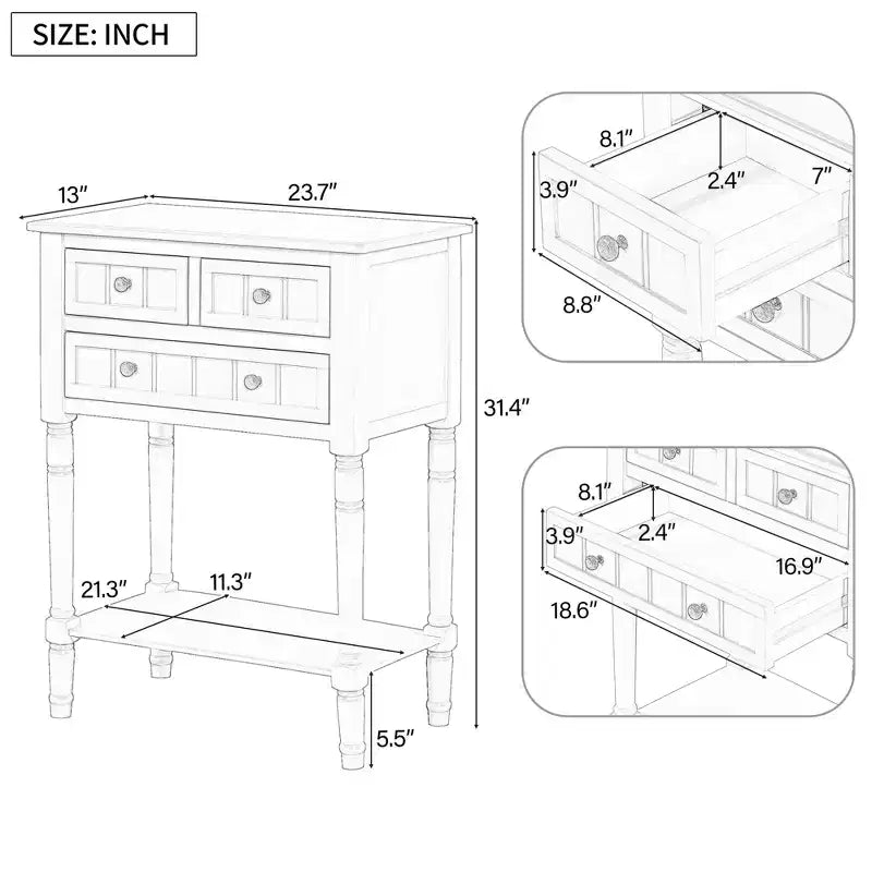 Table console étroite, table de canapé mince avec trois tiroirs de rangement et étagère inférieure, beige