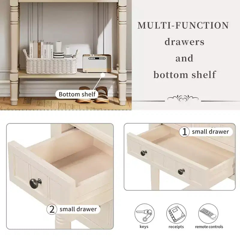 Table console étroite, table de canapé mince avec trois tiroirs de rangement et étagère inférieure, beige
