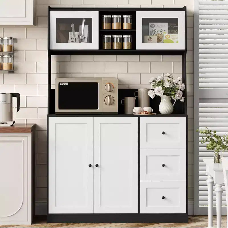 Meuble de rangement haut de cuisine de 1,70 m, meuble de bar à café avec 3 tiroirs et lumières, armoire de garde-manger autoportante