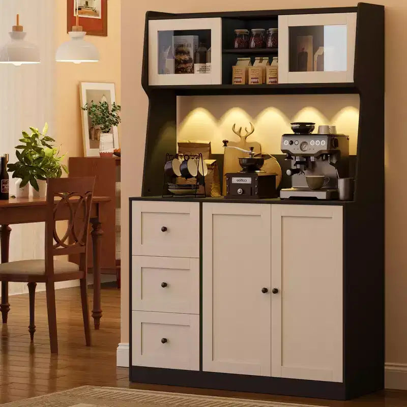 Meuble de rangement haut de cuisine de 1,70 m, meuble de bar à café avec 3 tiroirs et lumières, armoire de garde-manger autoportante