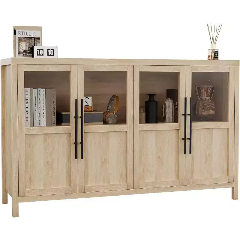 Grand buffet de 140 cm, meuble de rangement de cuisine avec portes vitrées, meuble bar à café de style rustique en bois, table de buffet de salle à manger avec rangement