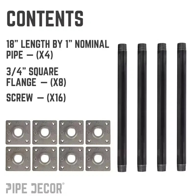 Pieds de table à bride carrée 3/4 po x 18 po – Paquet de 4