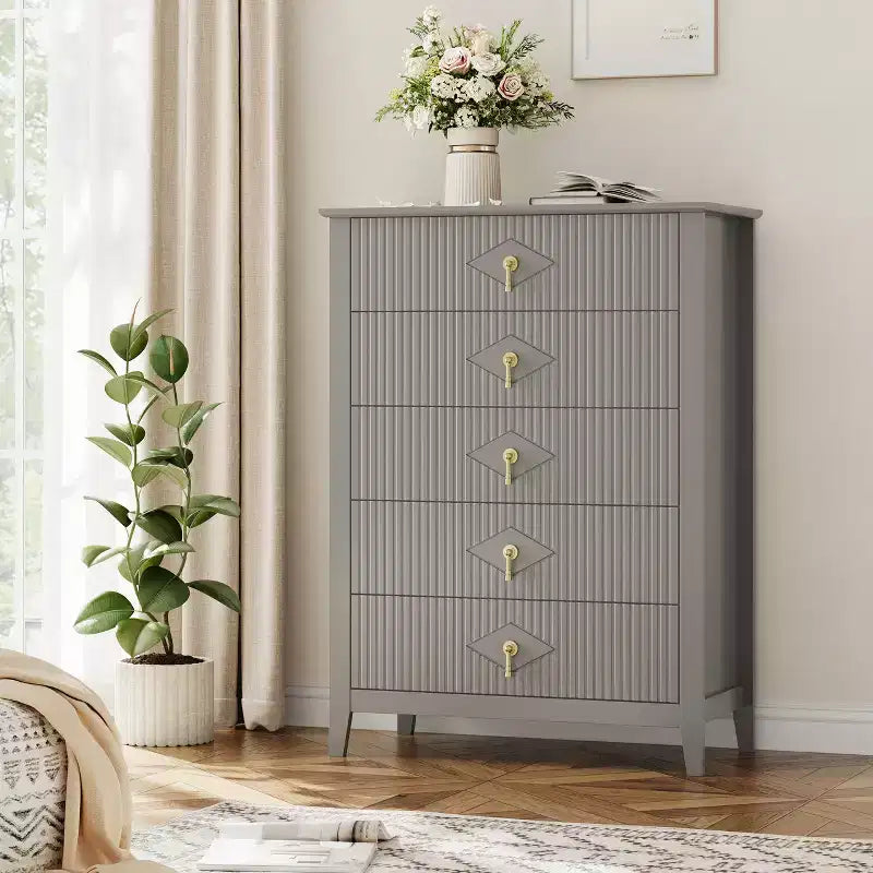 Commode Blanche Cannelée pour Chambre, Tour de Rangement Haute de 43 po avec 5 Tiroirs, Commode Moderne, Unité de Rangement pour Placard, Entrée