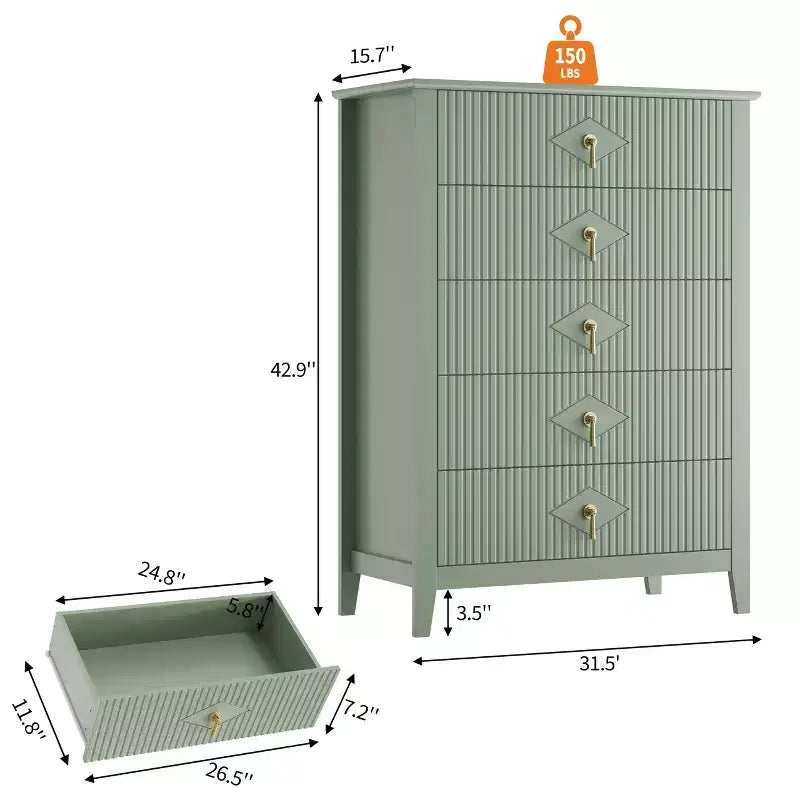 Commode Blanche Cannelée pour Chambre, Tour de Rangement Haute de 43 po avec 5 Tiroirs, Commode Moderne, Unité de Rangement pour Placard, Entrée