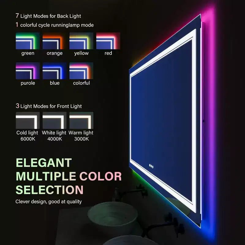 Miroir de salle de bain, miroir de courtoisie antibuée avec lumières à changement de couleur