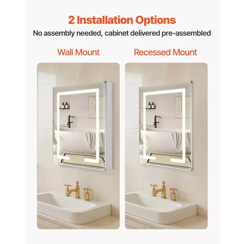 Armoire de toilette lumineuse avec miroir, 24 x 30 po encastrée ou murale, armoire de toilette à intensité variable 3 couleurs, argent