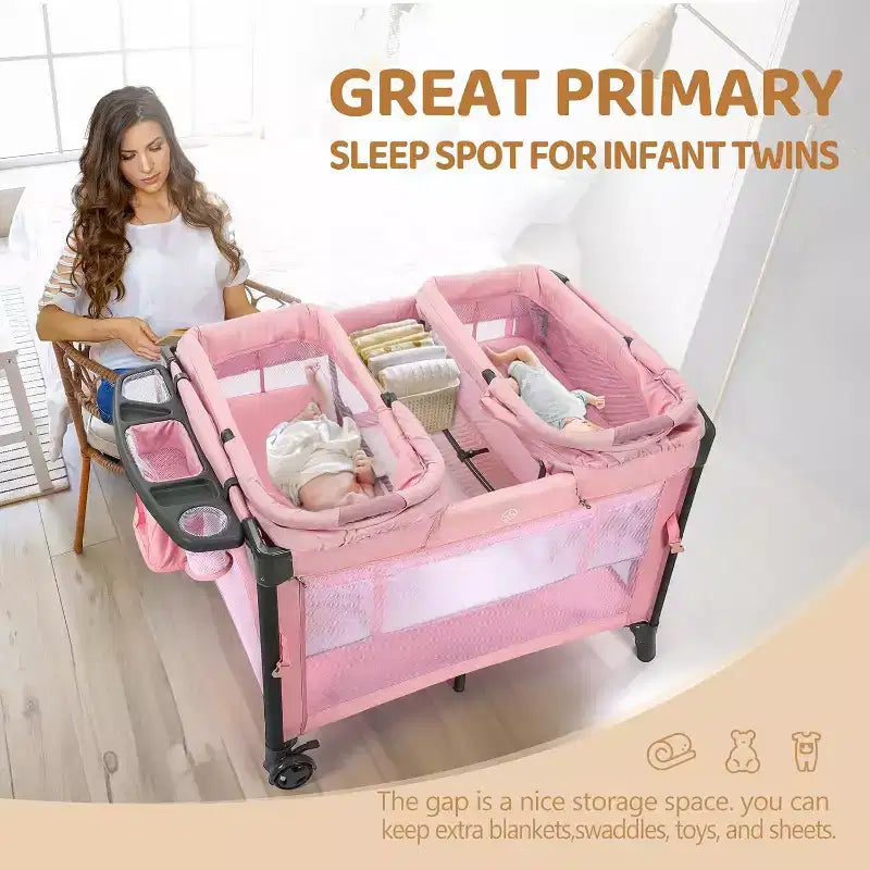 Berceau double pour bébé, berceau rose cododo, convertible en lit cododo et parc, avec roues et freins