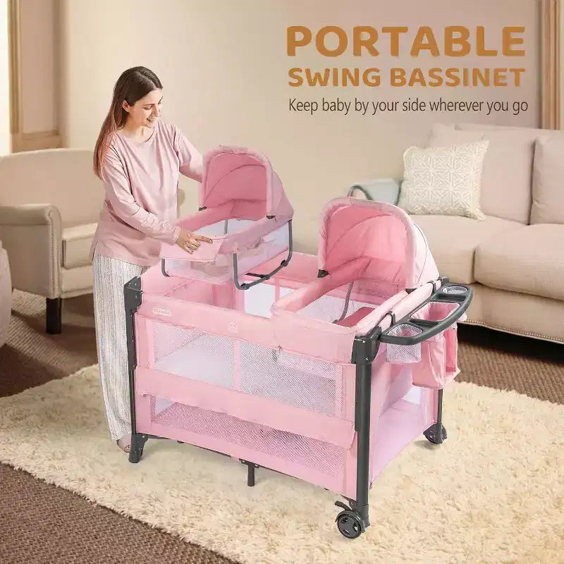 Berceau double pour bébé, berceau rose cododo, convertible en lit cododo et parc, avec roues et freins