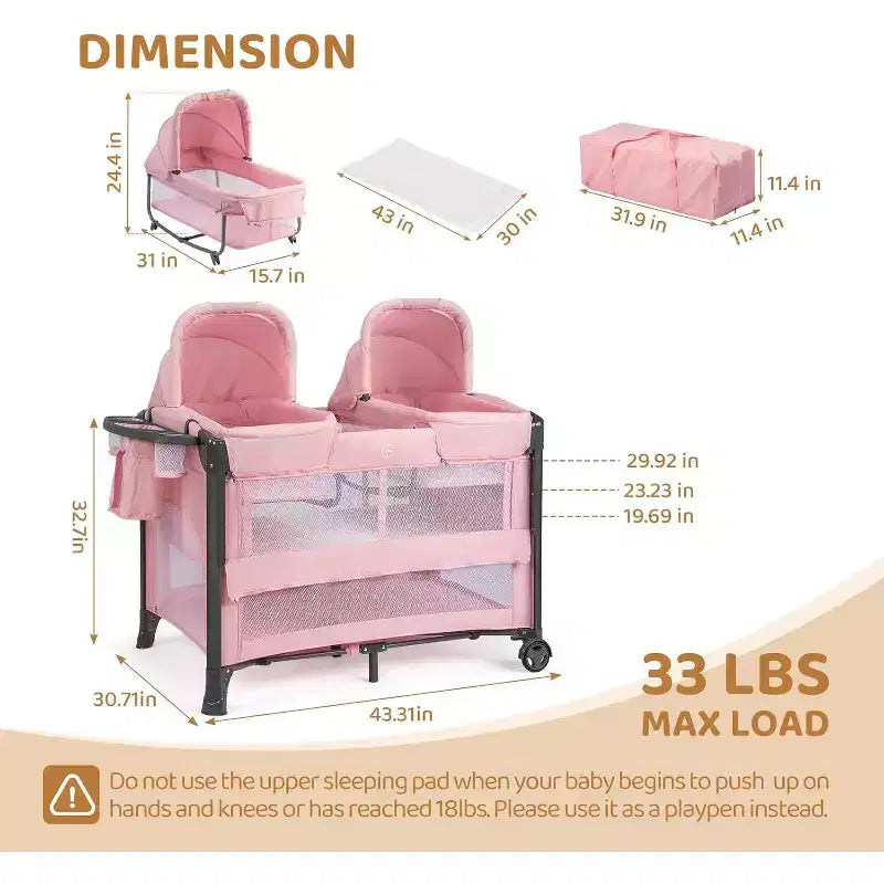 Berceau double pour bébé, berceau rose cododo, convertible en lit cododo et parc, avec roues et freins
