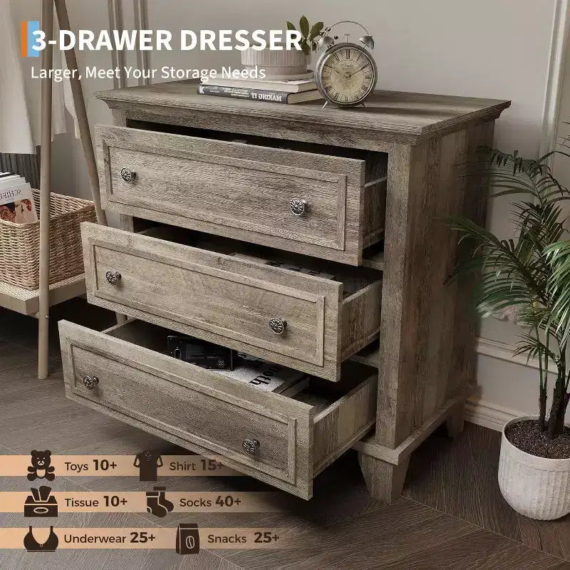 Commode moderne à 3 tiroirs, meuble compact en bois avec poignées métalliques robustes, rangement peu encombrant pour chambre, entrée, couloir