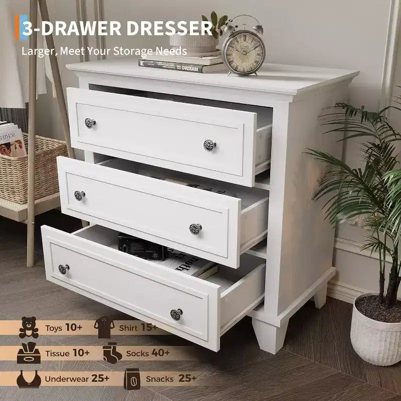 Commode moderne à 3 tiroirs, meuble compact en bois avec poignées métalliques robustes, rangement peu encombrant pour chambre, entrée, couloir