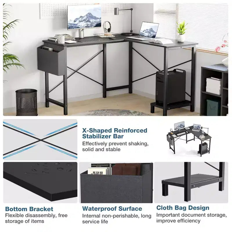 Bureau d'ordinateur d'angle en L de 50 pouces avec étagère de rangement pour UC, avec pochette latérale, pour bureau, salon, bureau d'étude