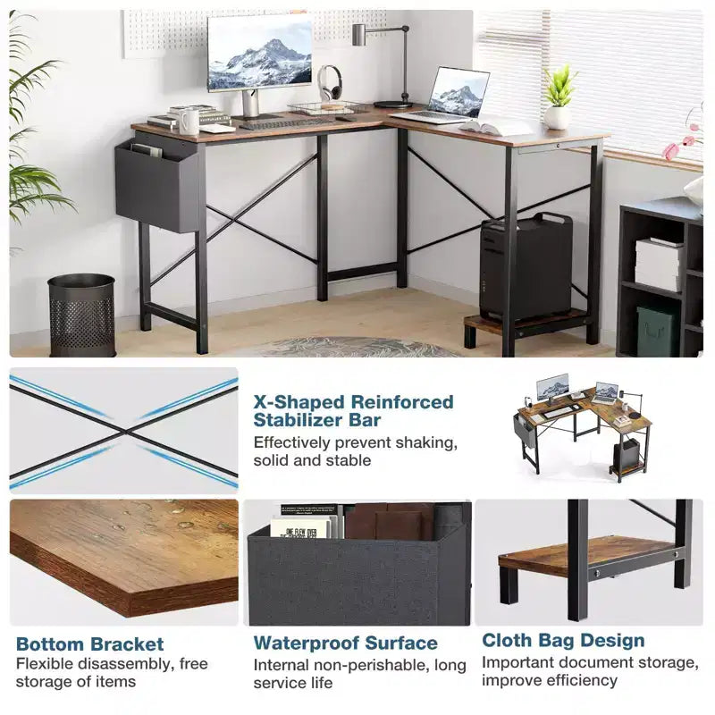 Bureau d'ordinateur d'angle en L de 50 pouces avec étagère de rangement pour UC, avec pochette latérale, pour bureau, salon, bureau d'étude