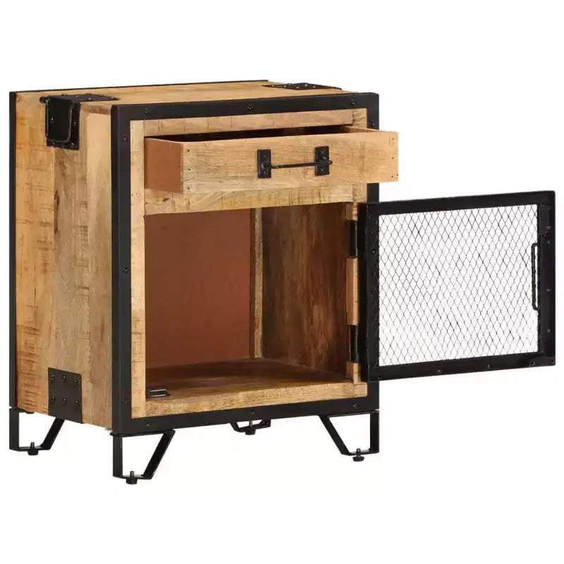 Table de Chevet 43x30x51 cm Bois de Manguier Massif Brut - Durable, Style Industriel, Table de Nuit, Marron et Noir, Rangement Spacieux