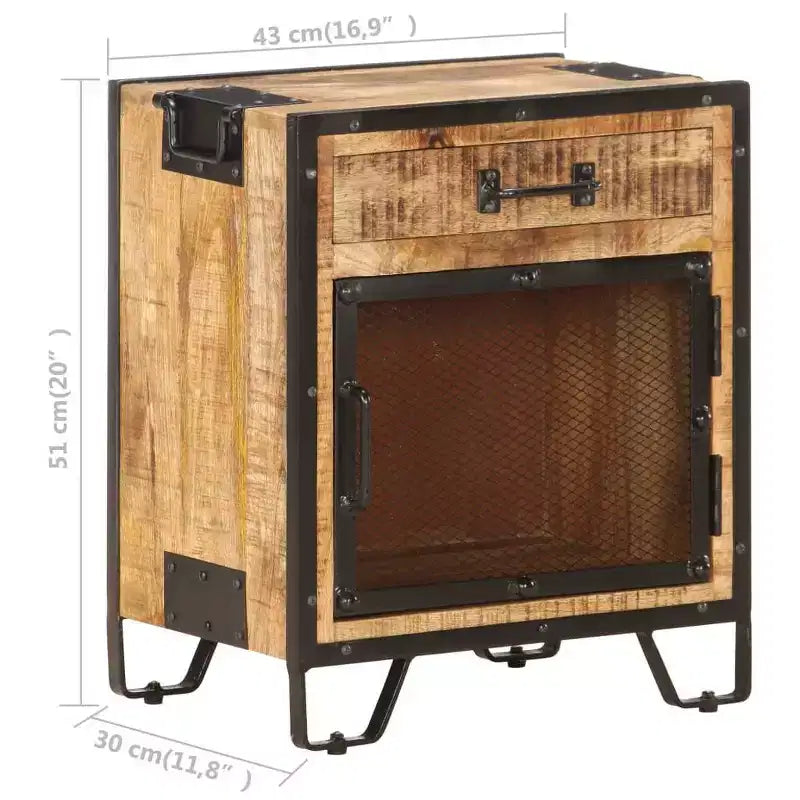 Table de Chevet 43x30x51 cm Bois de Manguier Massif Brut - Durable, Style Industriel, Table de Nuit, Marron et Noir, Rangement Spacieux