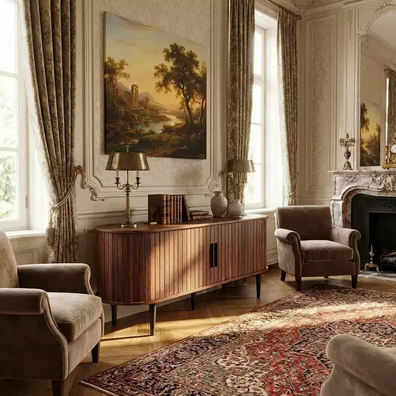 Meuble TV moderne 47 po en noyer avec porte coulissante et compartiment de rangement