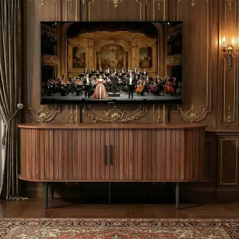Meuble TV moderne 47 po en noyer avec porte coulissante et compartiment de rangement