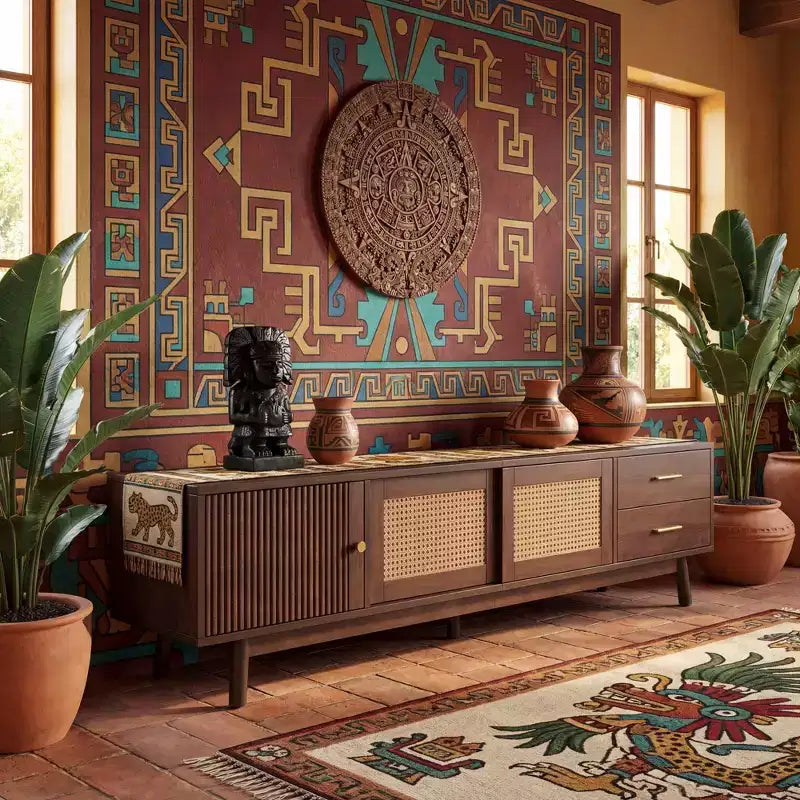 Meuble TV en rotin de style Mid-Century Moderne pour TV de 80 pouces avec rangement et pieds en bois massif