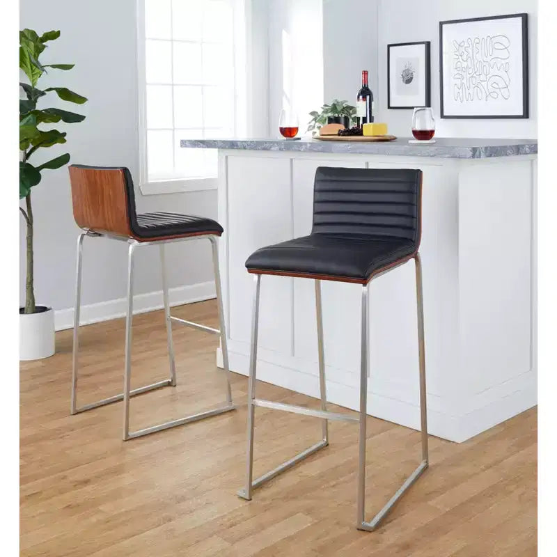 Lot de 2 tabourets de bar 76 cm en acier inoxydable, noyer et cuir PU